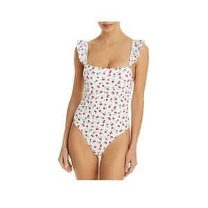 AQUA Swim Bandeau Square Neck Cherries Print Maillot One Piece Swimsuit Size M